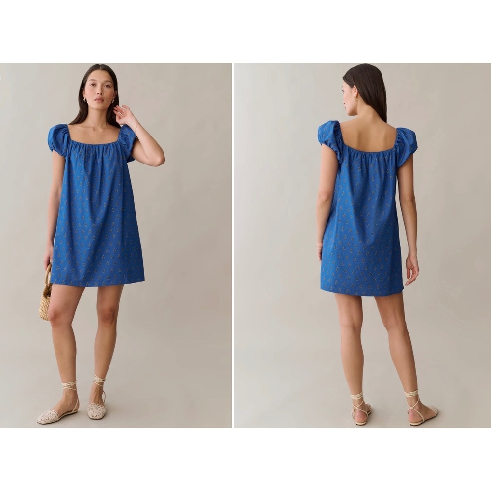 Kourt Nya Blue Floral Block Print Cotton Babydoll Mini Dress Puff Sleeve Small